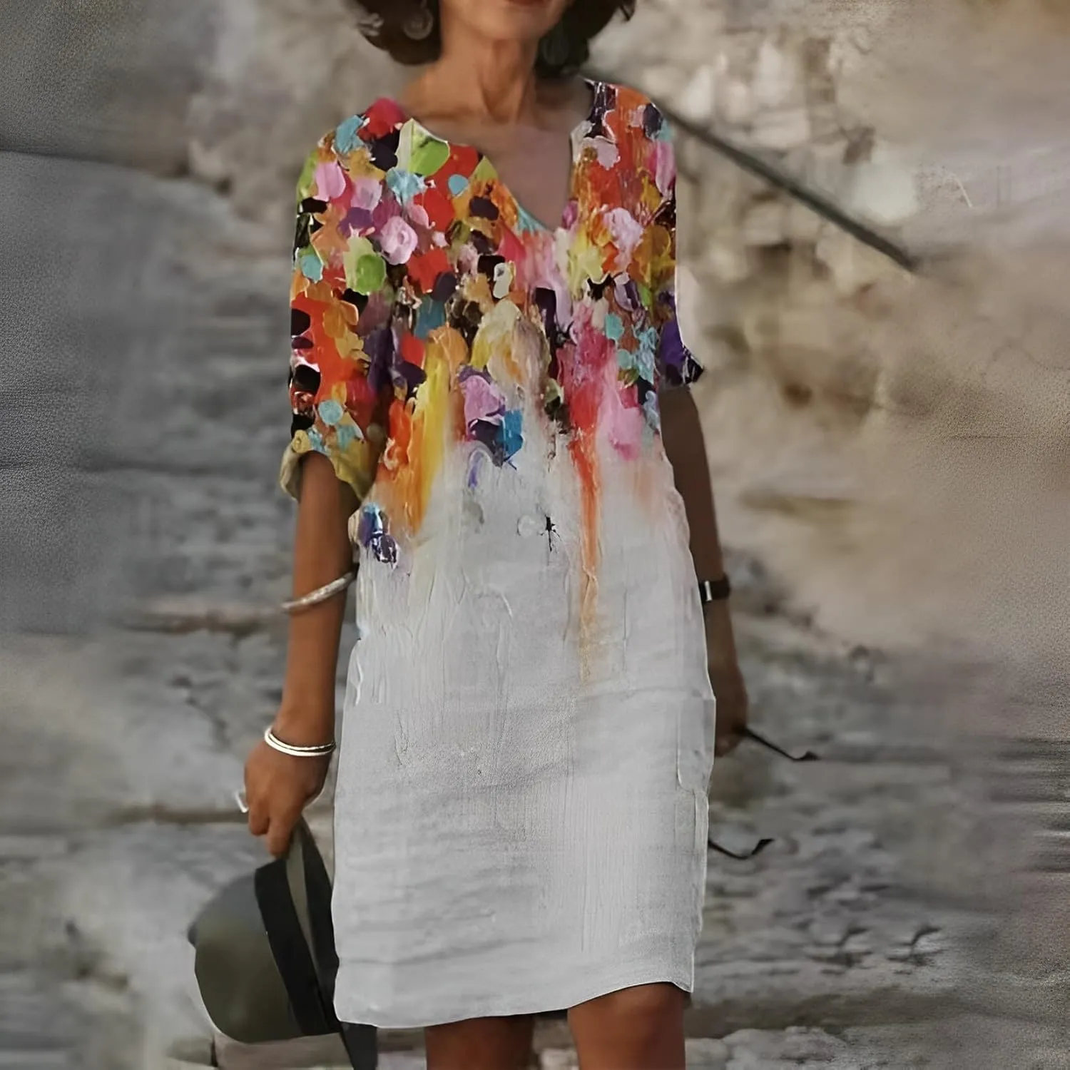 Akivide Women's Summer Boho Linen Floral Print Midi Dress V Neck Short Sleeve Classic Beach Tshirt Dresses for Women