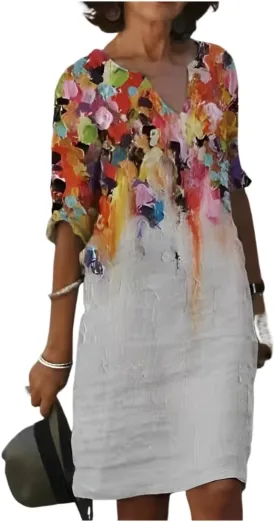 Akivide Women's Summer Boho Linen Floral Print Midi Dress V Neck Short Sleeve Classic Beach Tshirt Dresses for Women