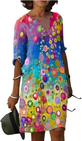 Akivide Women's Summer Boho Linen Floral Print Midi Dress V Neck Short Sleeve Classic Beach Tshirt Dresses for Women