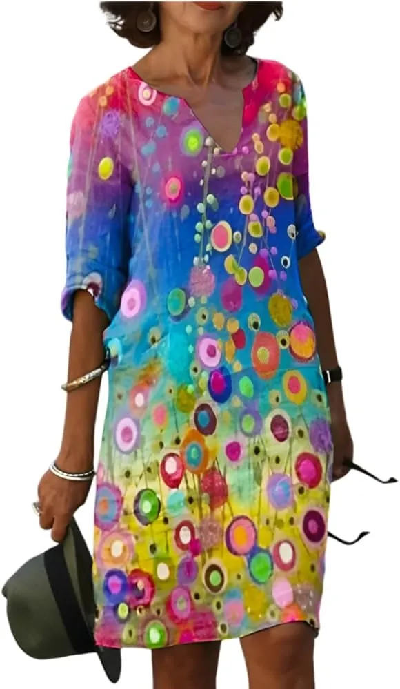 Akivide Women's Summer Boho Linen Floral Print Midi Dress V Neck Short Sleeve Classic Beach Tshirt Dresses for Women