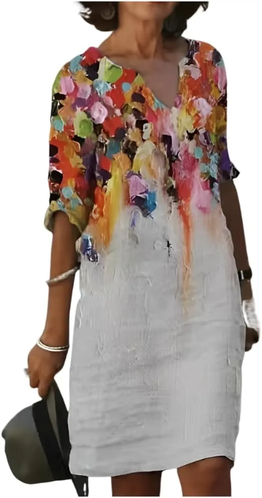 Akivide Women's Summer Boho Linen Floral Print Midi Dress V Neck Short Sleeve Classic Beach Tshirt Dresses for Women
