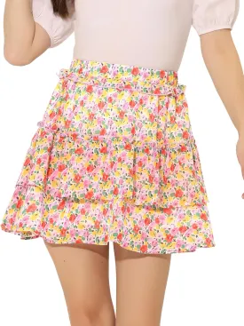 Allegra K Women's Layered Ruffle Hem Elastic Waist A-Line Skater Floral Mini Skirt