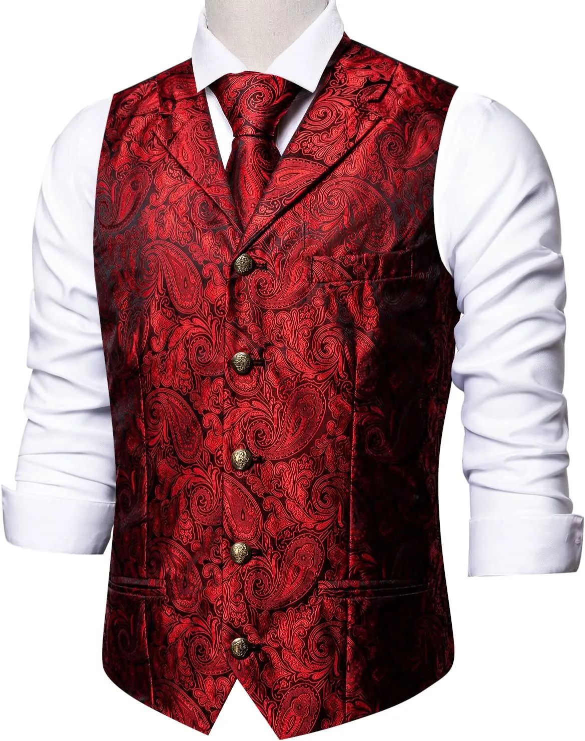 Barry.Wang Mens Paisley Formal Silk Jacquard Suit Vest Tailored Collar Waistcoat Tie Clip Set 5PCS Wedding Party Tuxedo