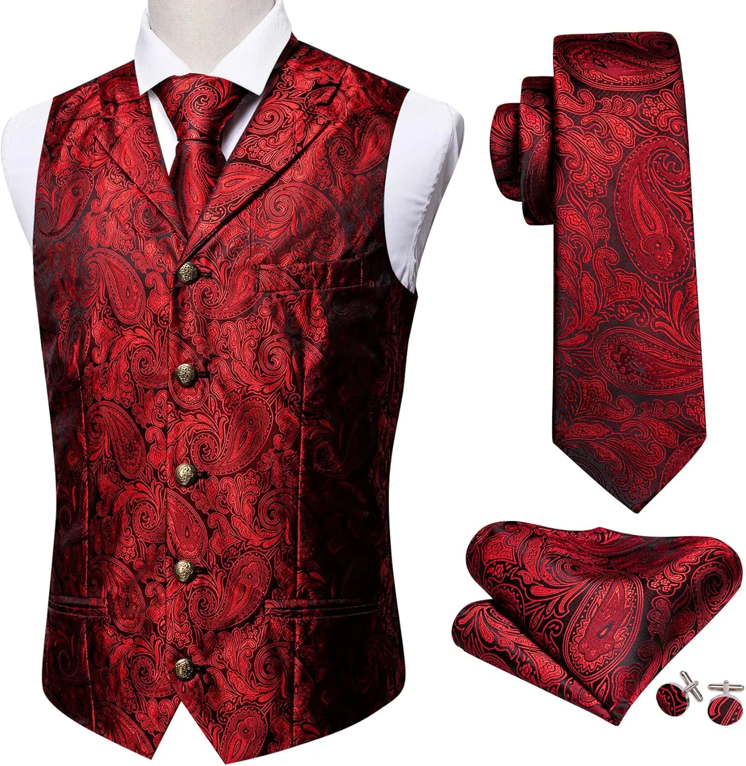 Barry.Wang Mens Paisley Formal Silk Jacquard Suit Vest Tailored Collar Waistcoat Tie Clip Set 5PCS Wedding Party Tuxedo
