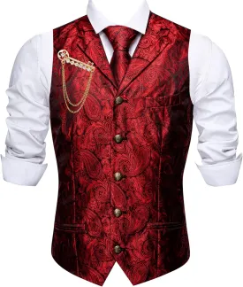 Barry.Wang Mens Paisley Formal Silk Jacquard Suit Vest Tailored Collar Waistcoat Tie Clip Set 5PCS Wedding Party Tuxedo