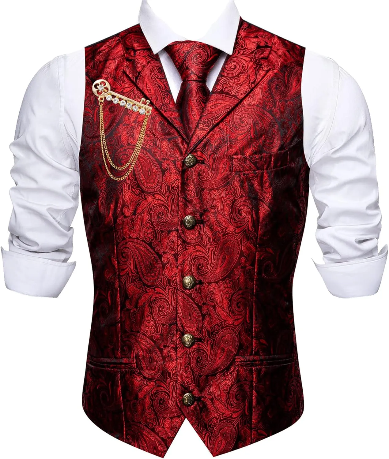 Barry.Wang Mens Paisley Formal Silk Jacquard Suit Vest Tailored Collar Waistcoat Tie Clip Set 5PCS Wedding Party Tuxedo