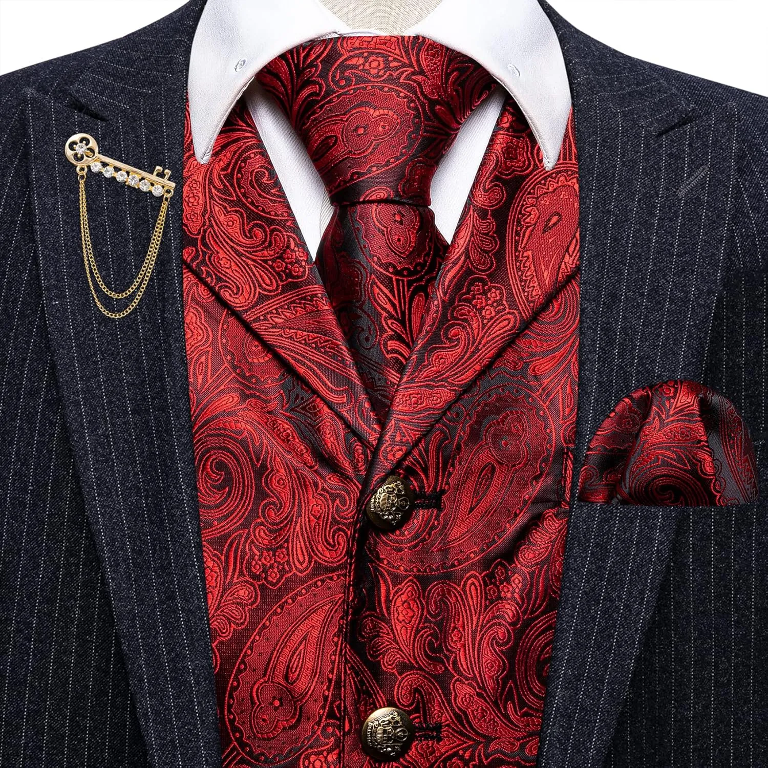 Barry.Wang Mens Paisley Formal Silk Jacquard Suit Vest Tailored Collar Waistcoat Tie Clip Set 5PCS Wedding Party Tuxedo