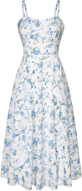 Belle Poque Sun Dresses for Women 2025 Boho Midi Dresses Casual Spaghetti Ruffle Dress Wedding Guest Dresses for Women