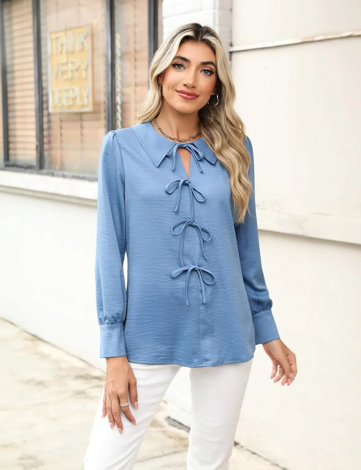 Blooming Jelly Women's Dressy Casual Blouses Business Work Tops Tie Front Long Sleeve Shirts 2025 Fall Outfits