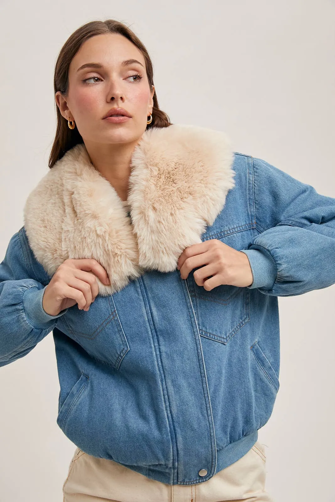 Bluivy Detachable Faux Fur Collar Lined Zippered Denim Jacket