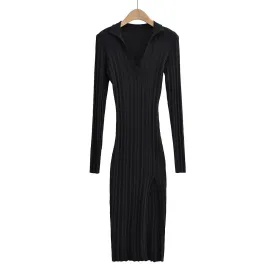 Bodycon Slit Full Sleeve Solid Ribbed Midi Dress