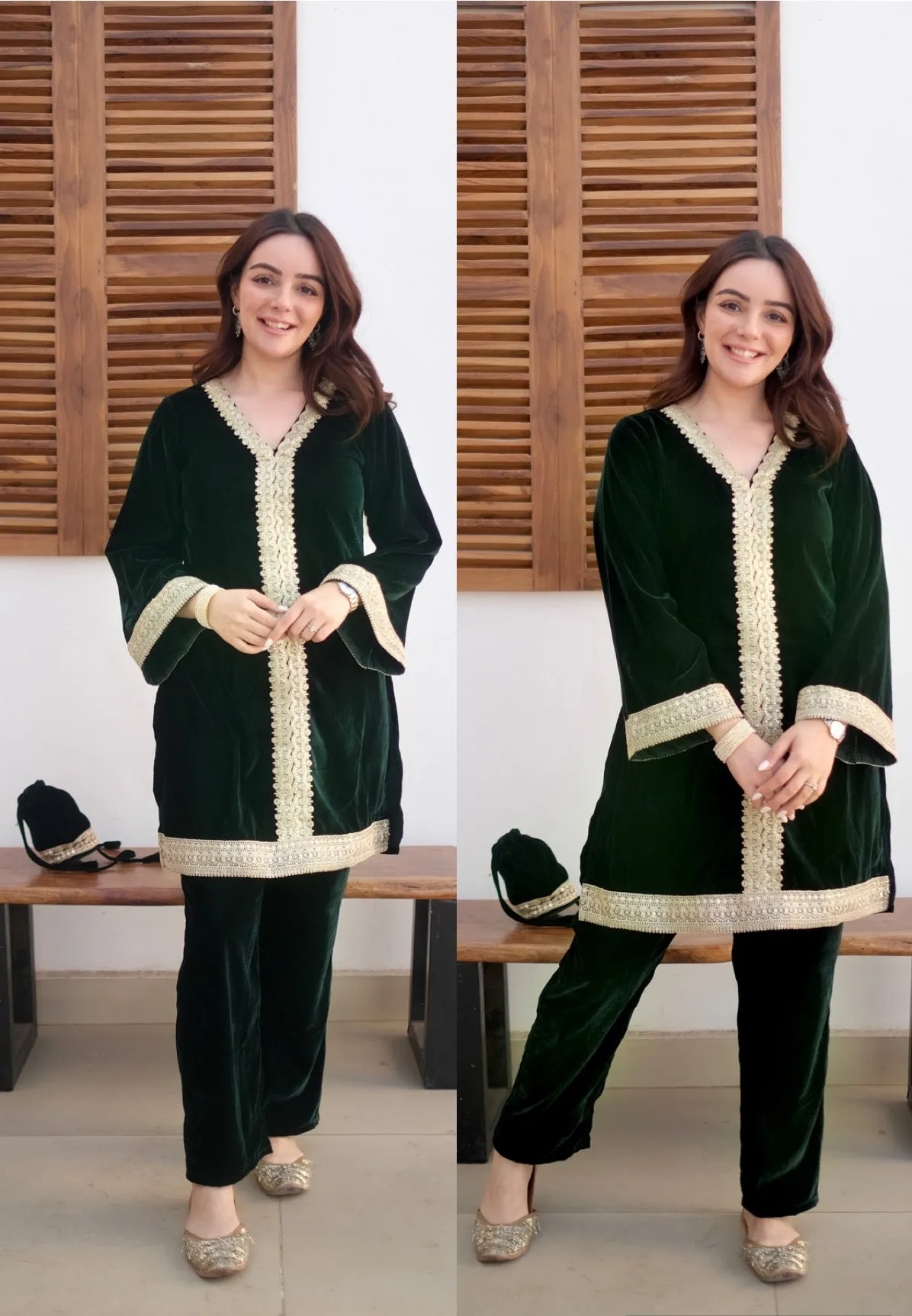 Bottle Green Velvet Suit Set