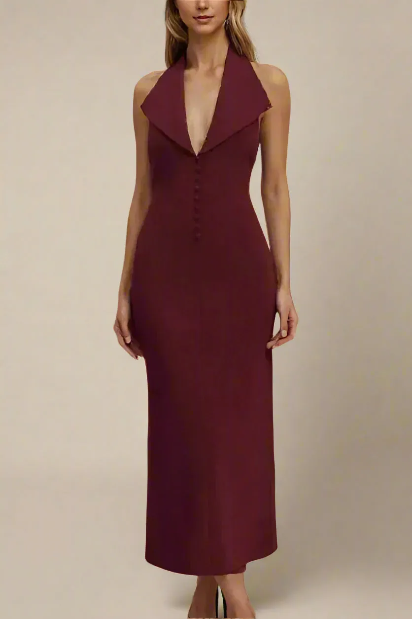 Celine Bodycon V Neck Midi Dress - Red Wine