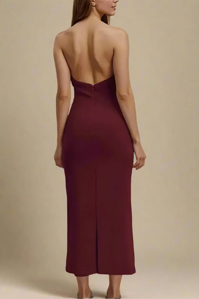 Celine Bodycon V Neck Midi Dress - Red Wine