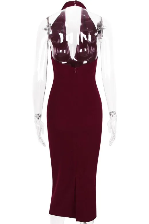 Celine Bodycon V Neck Midi Dress - Red Wine
