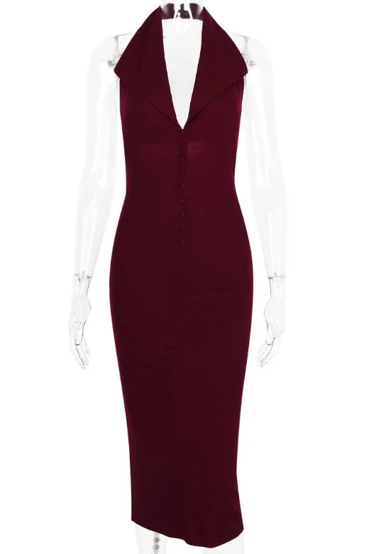 Celine Bodycon V Neck Midi Dress - Red Wine