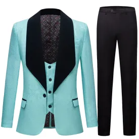 CGSUITS Men's Fashion Formal 3 Piece Aquamarine Blue Green & Black Tuxedo (Jacket   Vest   Pants) Suit Set