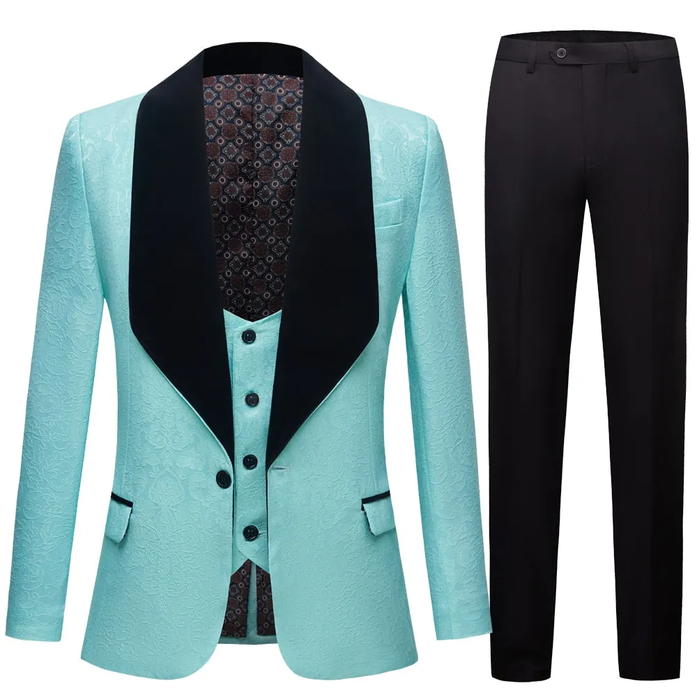CGSUITS Men's Fashion Formal 3 Piece Aquamarine Blue Green & Black Tuxedo (Jacket   Vest   Pants) Suit Set