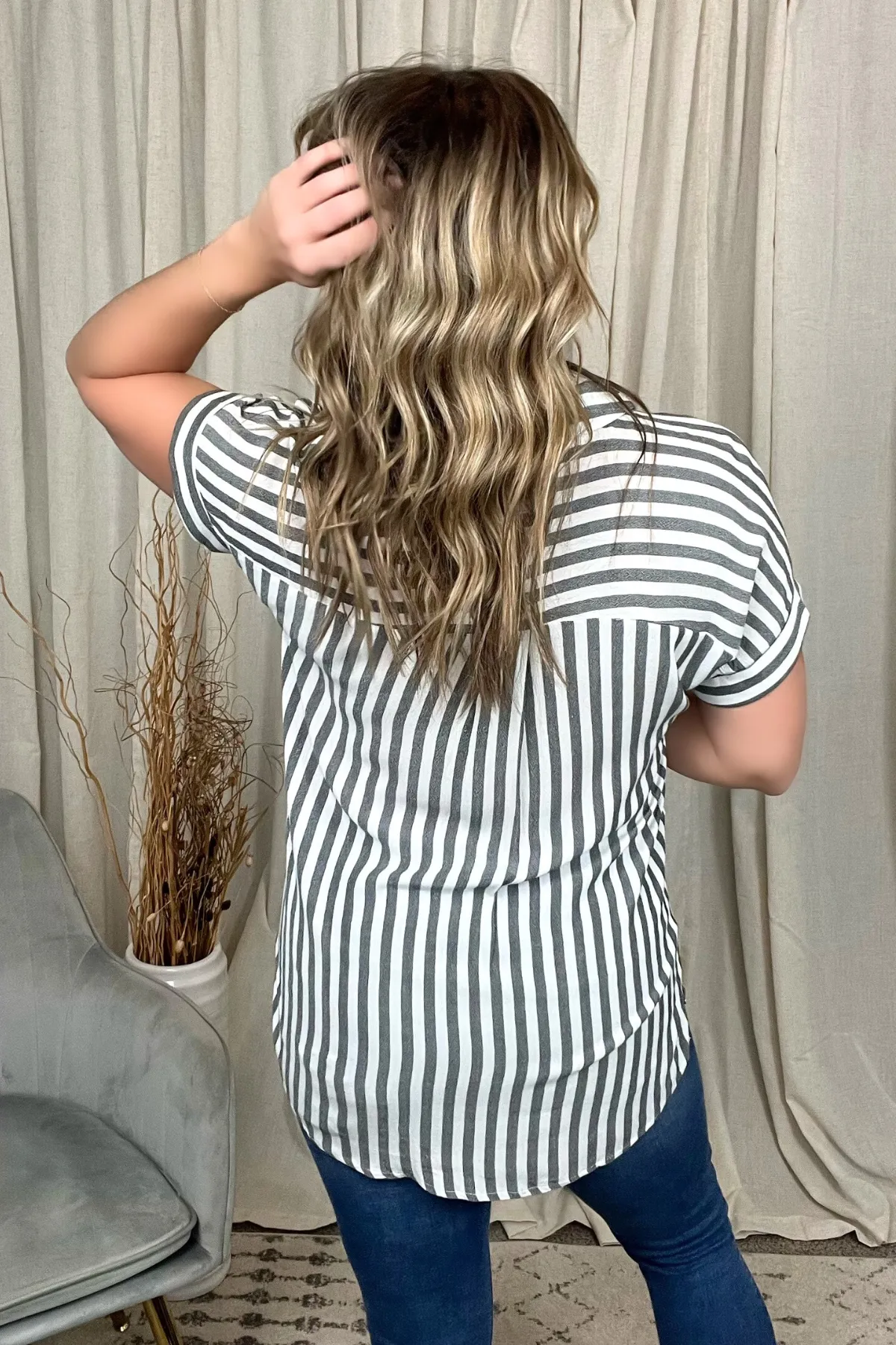 CHARCOAL & WHITE STRIPED SHORT SLEEVE BUTTON DOWN