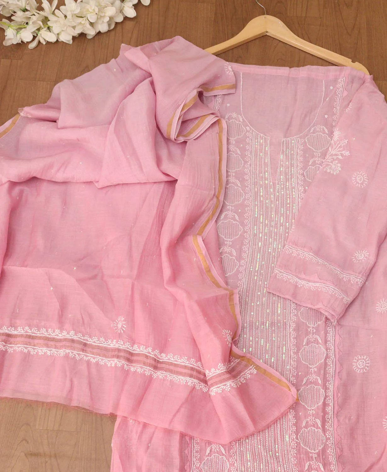 Chic Pink Chikankari Chanderi Silk Suit Set: Embroidered & Unstitched