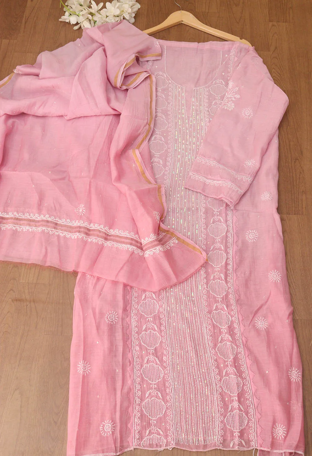 Chic Pink Chikankari Chanderi Silk Suit Set: Embroidered & Unstitched