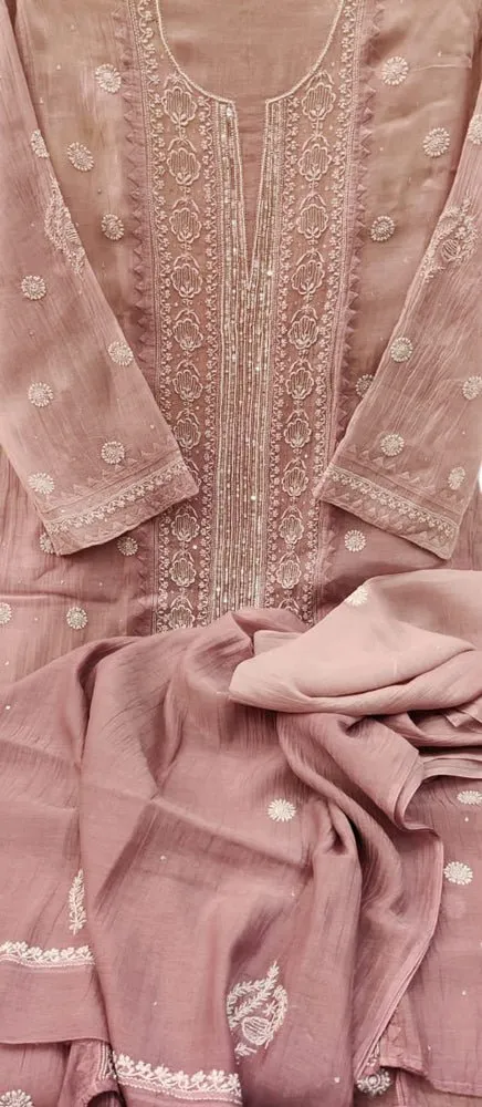 Chic Pink Chikankari Chanderi Silk Suit Set: Embroidered & Unstitched