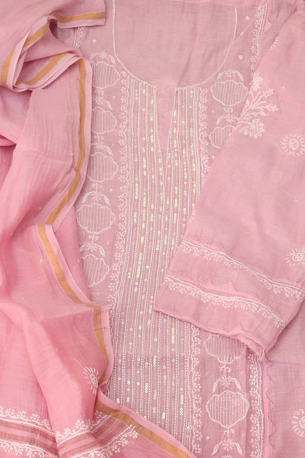 Chic Pink Chikankari Chanderi Silk Suit Set: Embroidered & Unstitched