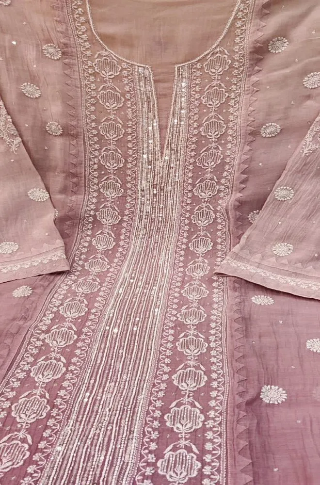 Chic Pink Chikankari Chanderi Silk Suit Set: Embroidered & Unstitched