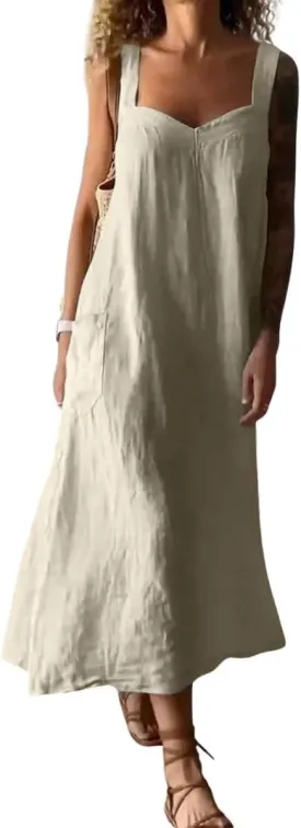 chouyatou Women's Summer Spaghetti Strap Sleeveless Linen Overall Dress Casual A-Line Midi Long Beach Dress
