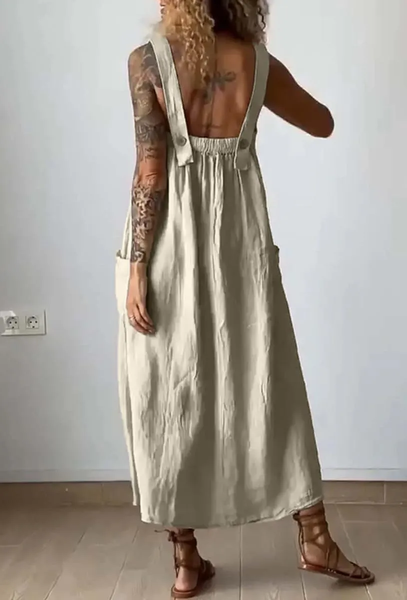 chouyatou Women's Summer Spaghetti Strap Sleeveless Linen Overall Dress Casual A-Line Midi Long Beach Dress