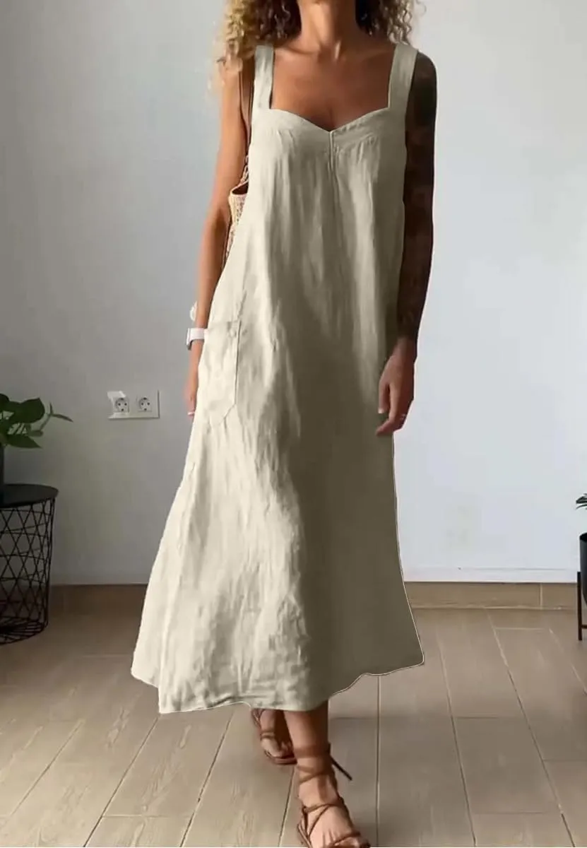 chouyatou Women's Summer Spaghetti Strap Sleeveless Linen Overall Dress Casual A-Line Midi Long Beach Dress