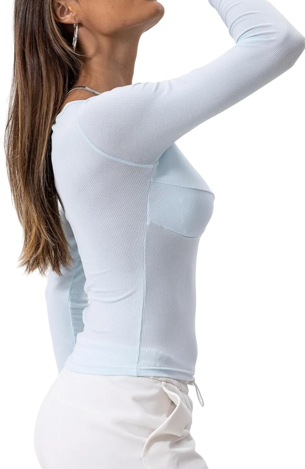 Danysu Women's Ribbed Long Sleeve Going Out Top Twist Front Sweetheart V Neckline Shirts Built-in Bra Slim Fit Tops Tee
