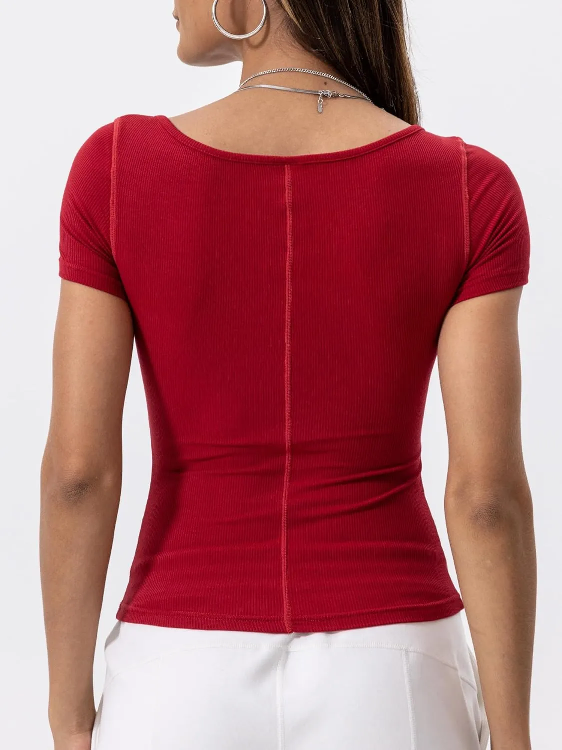 Danysu Women's Ribbed Short Sleeve Going Out Top Twist Front Sweetheart V Neckline Shirts Built-in Bra Slim Fit Tops Tee