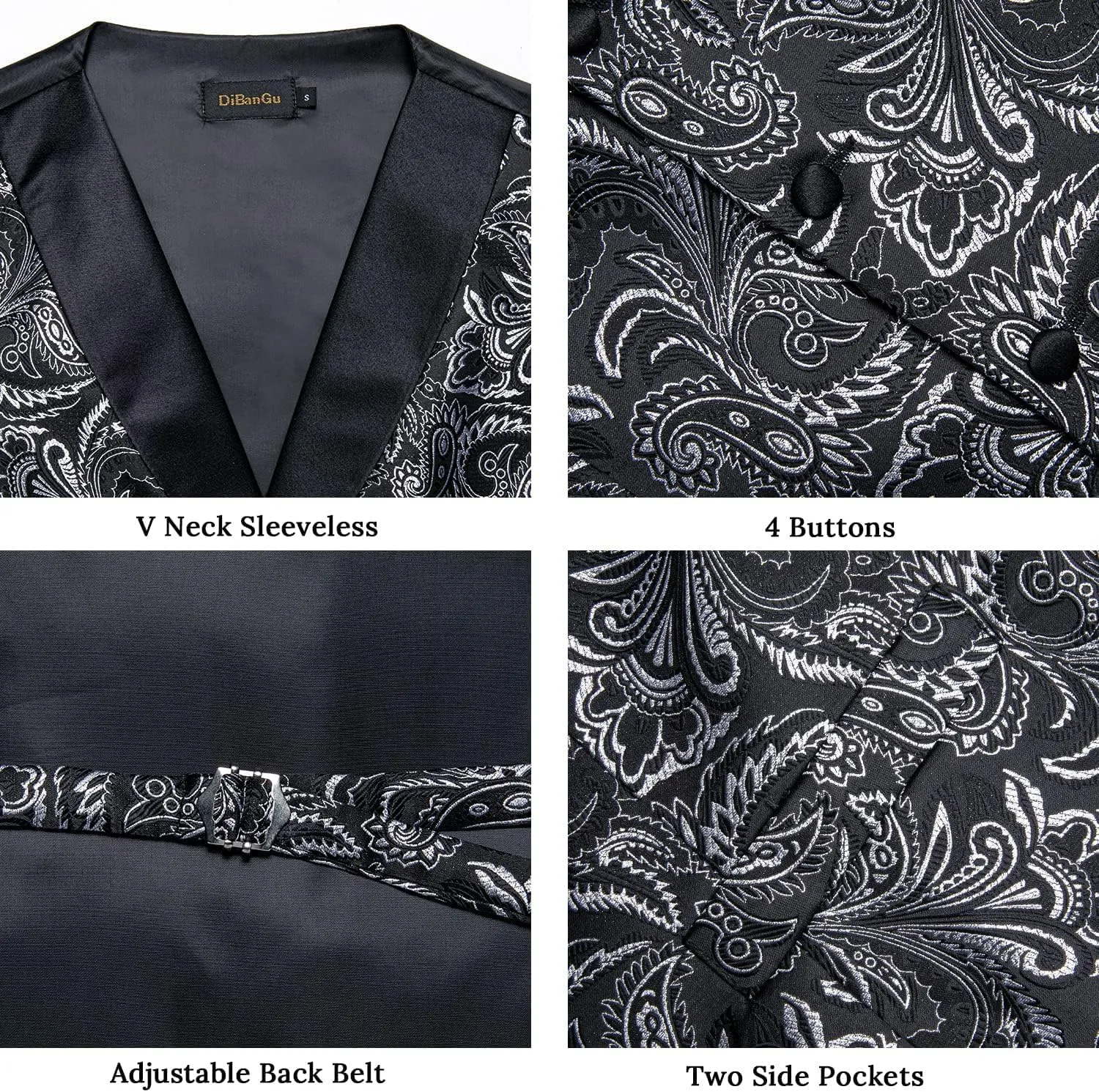 DiBanGu Mens Paisley Suit Vest Silk Jacquard Waistcoat and Necktie Set Formal Shawl Collar Dress Vest 7PCS for Wedding Party