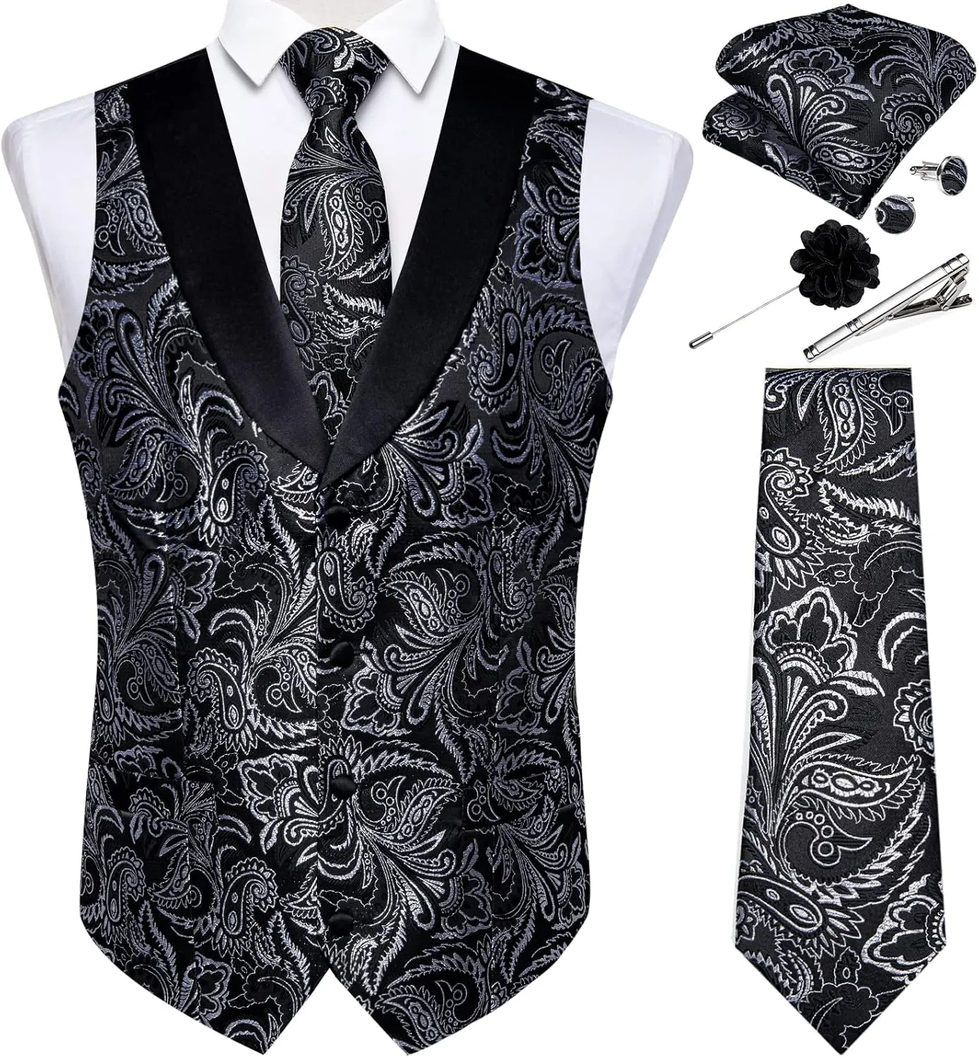 DiBanGu Mens Paisley Suit Vest Silk Jacquard Waistcoat and Necktie Set Formal Shawl Collar Dress Vest 7PCS for Wedding Party