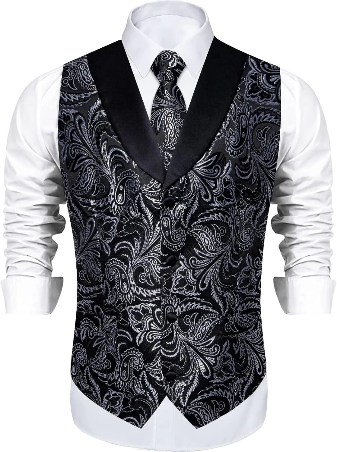 DiBanGu Mens Paisley Suit Vest Silk Jacquard Waistcoat and Necktie Set Formal Shawl Collar Dress Vest 7PCS for Wedding Party