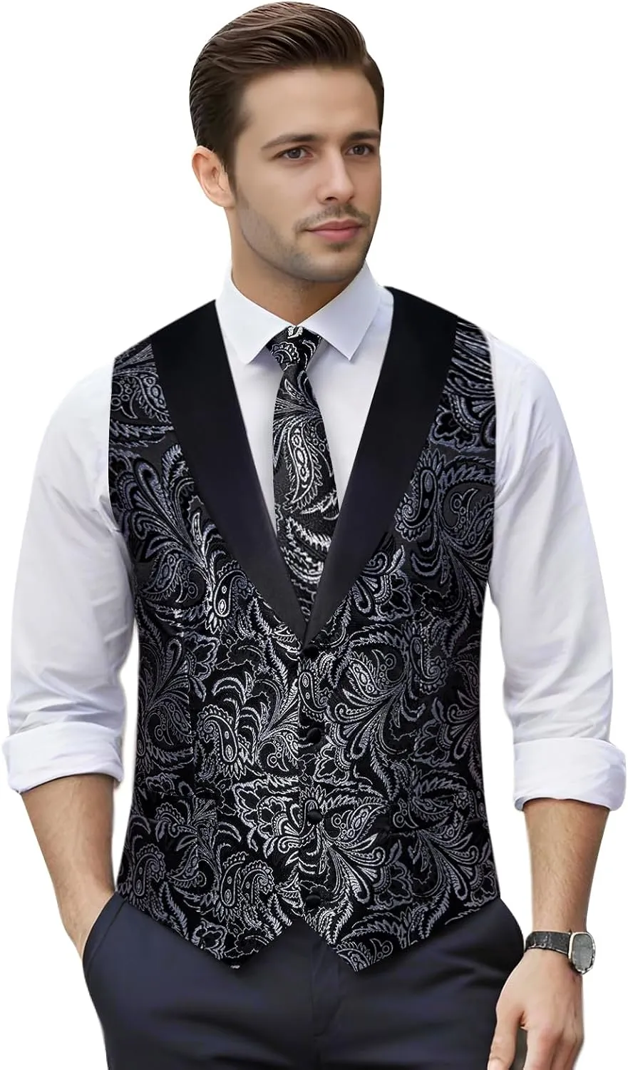 DiBanGu Mens Paisley Suit Vest Silk Jacquard Waistcoat and Necktie Set Formal Shawl Collar Dress Vest 7PCS for Wedding Party