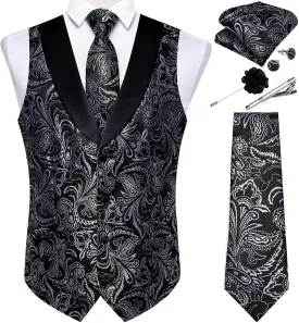 DiBanGu Mens Paisley Suit Vest Silk Jacquard Waistcoat and Necktie Set Formal Shawl Collar Dress Vest 7PCS for Wedding Party