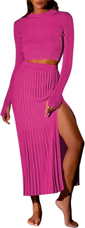 Duigluw Women 2 Piece Outfits Winter Long Sleeve Crop Top Bodycon Pleated Skirt Knit Sweater Dress Set