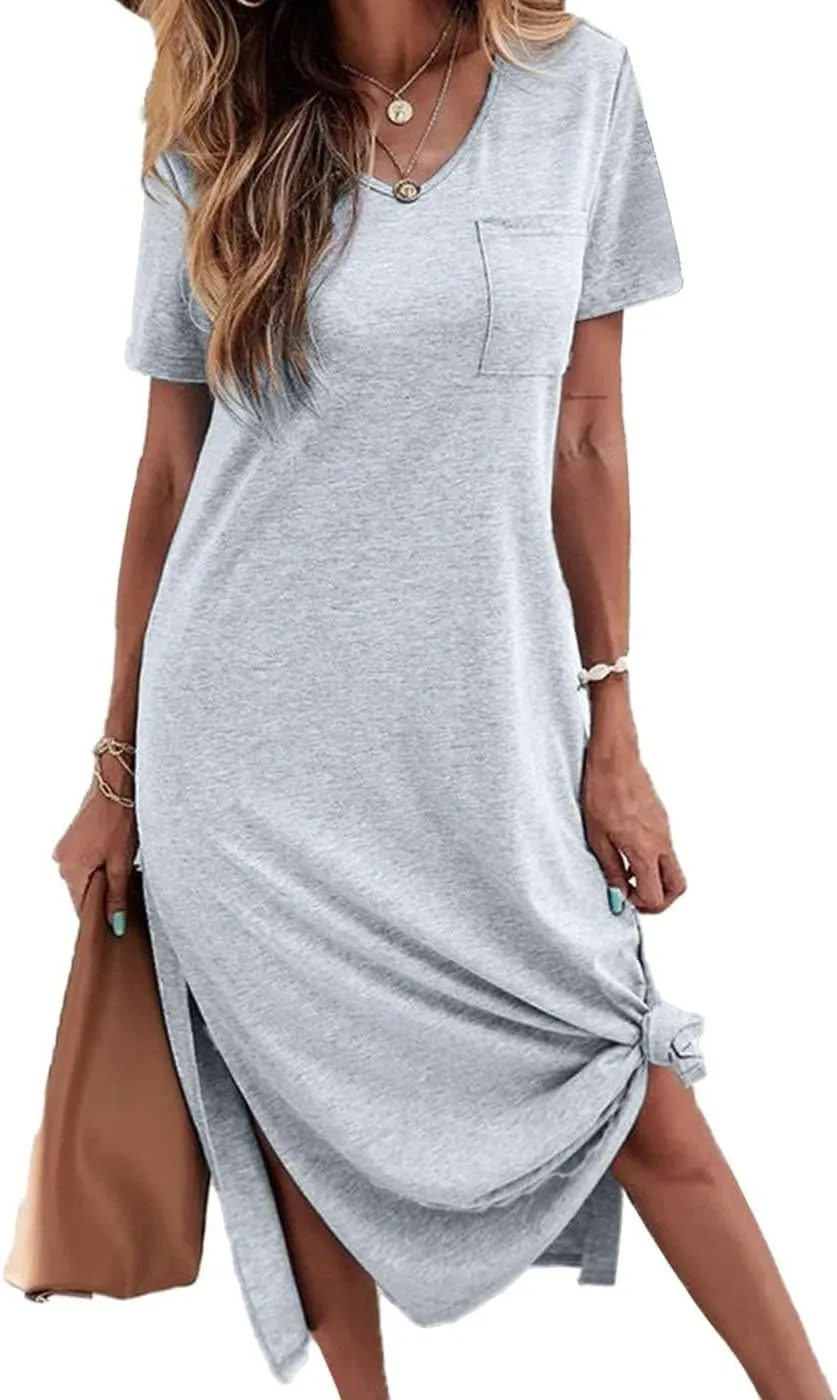Dyexces Women Summer T Shirt Dress Casual Short Sleeve V Neck Maxi Dresses Loose Side Slit Long Tshirt Dress with Pockets