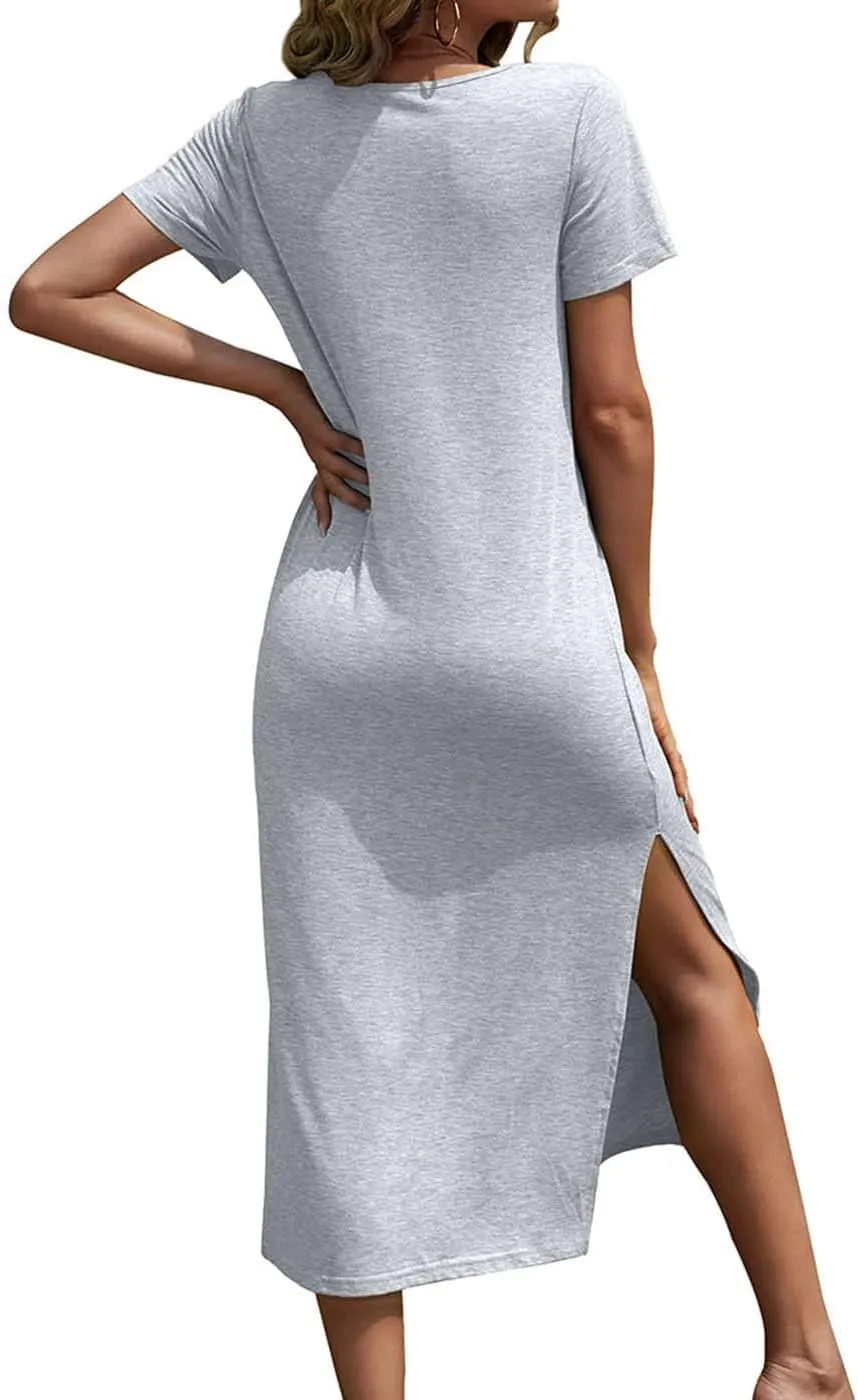 Dyexces Women Summer T Shirt Dress Casual Short Sleeve V Neck Maxi Dresses Loose Side Slit Long Tshirt Dress with Pockets