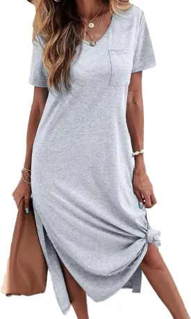 Dyexces Women Summer T Shirt Dress Casual Short Sleeve V Neck Maxi Dresses Loose Side Slit Long Tshirt Dress with Pockets