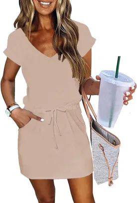 ETCYY NEW Womens Summer Dress Lantern Sleeve Square Neck Tie Front A-Line Double Layer Hem Mini Dresses