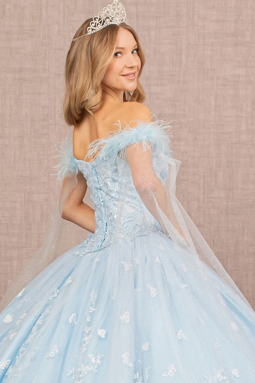 Feather 3-D Flower Quinceanera Gown Detachable Side Mesh Layer GLGL3166