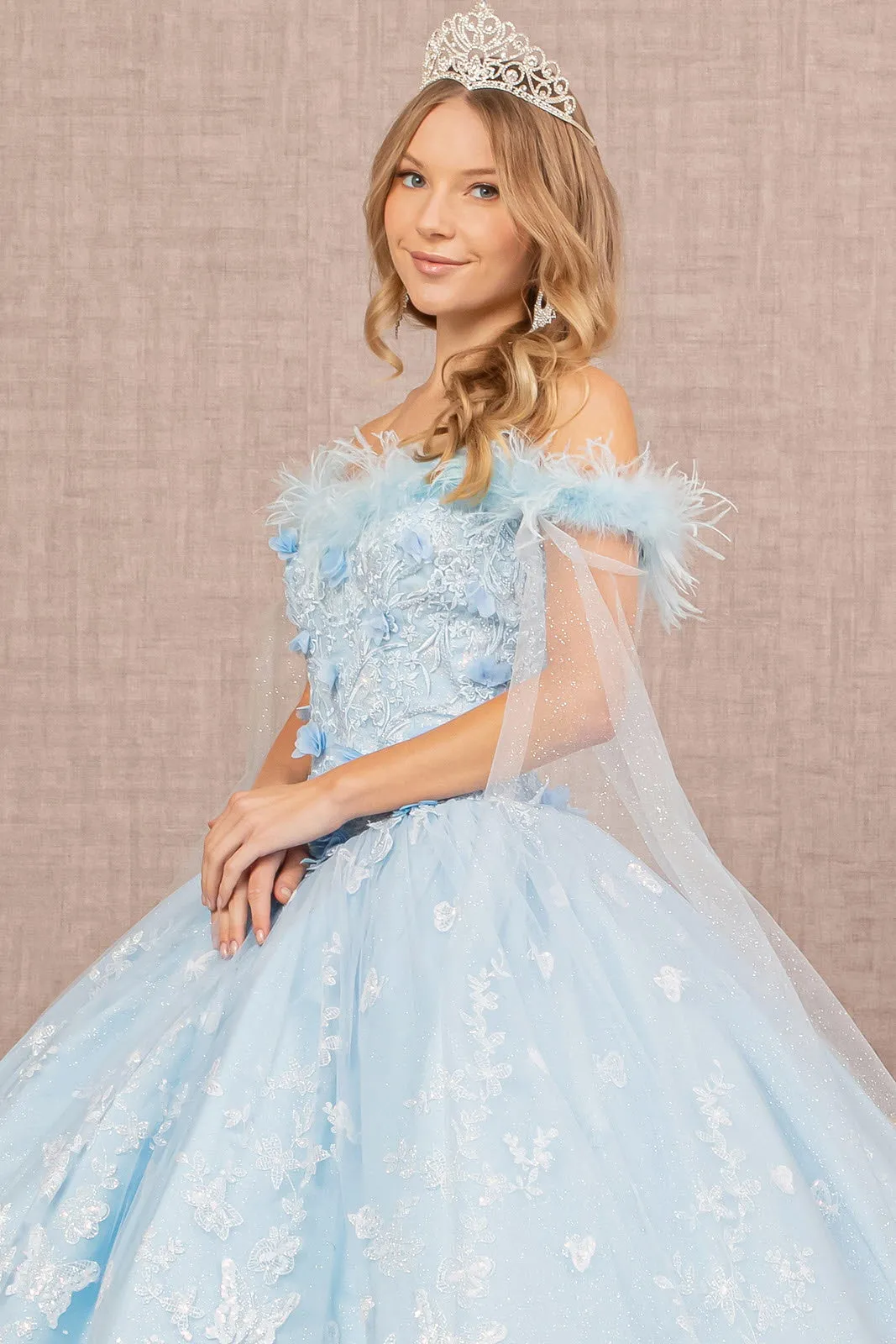 Feather 3-D Flower Quinceanera Gown Detachable Side Mesh Layer GLGL3166