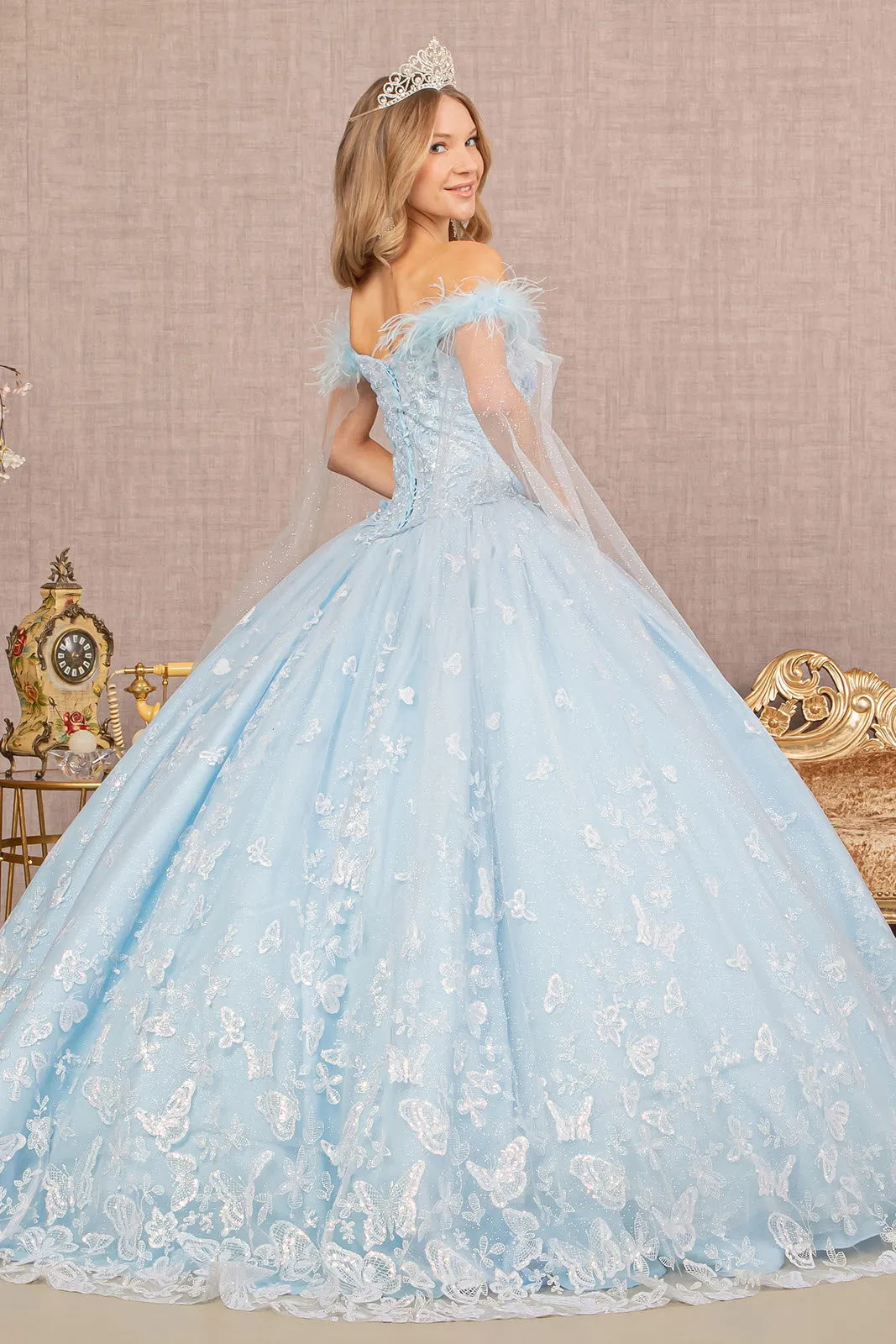 Feather 3-D Flower Quinceanera Gown Detachable Side Mesh Layer GLGL3166