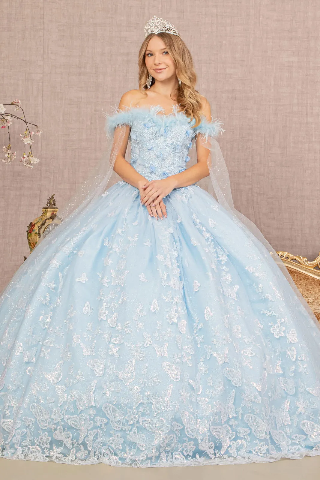 Feather 3-D Flower Quinceanera Gown Detachable Side Mesh Layer GLGL3166