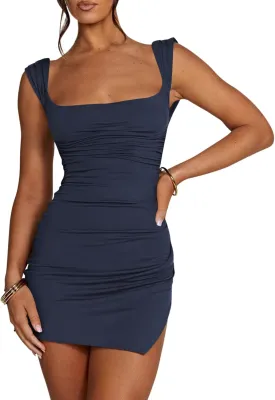 Fisoew Womens Backless Bodycon Dress Sexy Sleeveless Tie Back Slit Ruched Club Party Mini Dresses