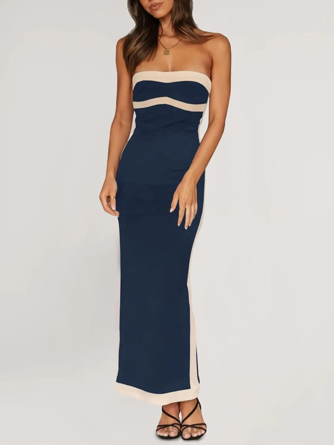 Fisoew Womens Strapless Bodycon Dress Sexy Contrast Color Off Shoulder Party Tube Maxi Dresses