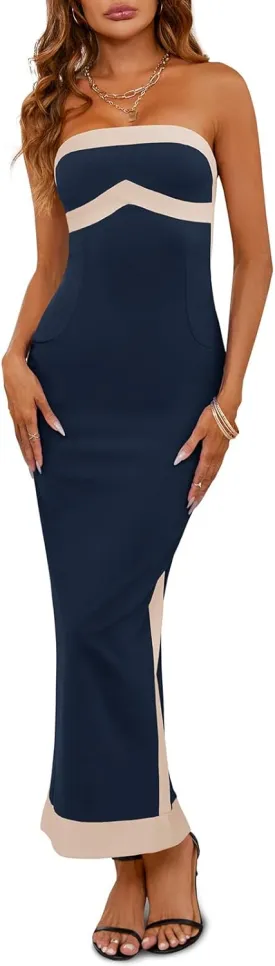 Fisoew Womens Strapless Bodycon Dress Sexy Contrast Color Off Shoulder Party Tube Maxi Dresses